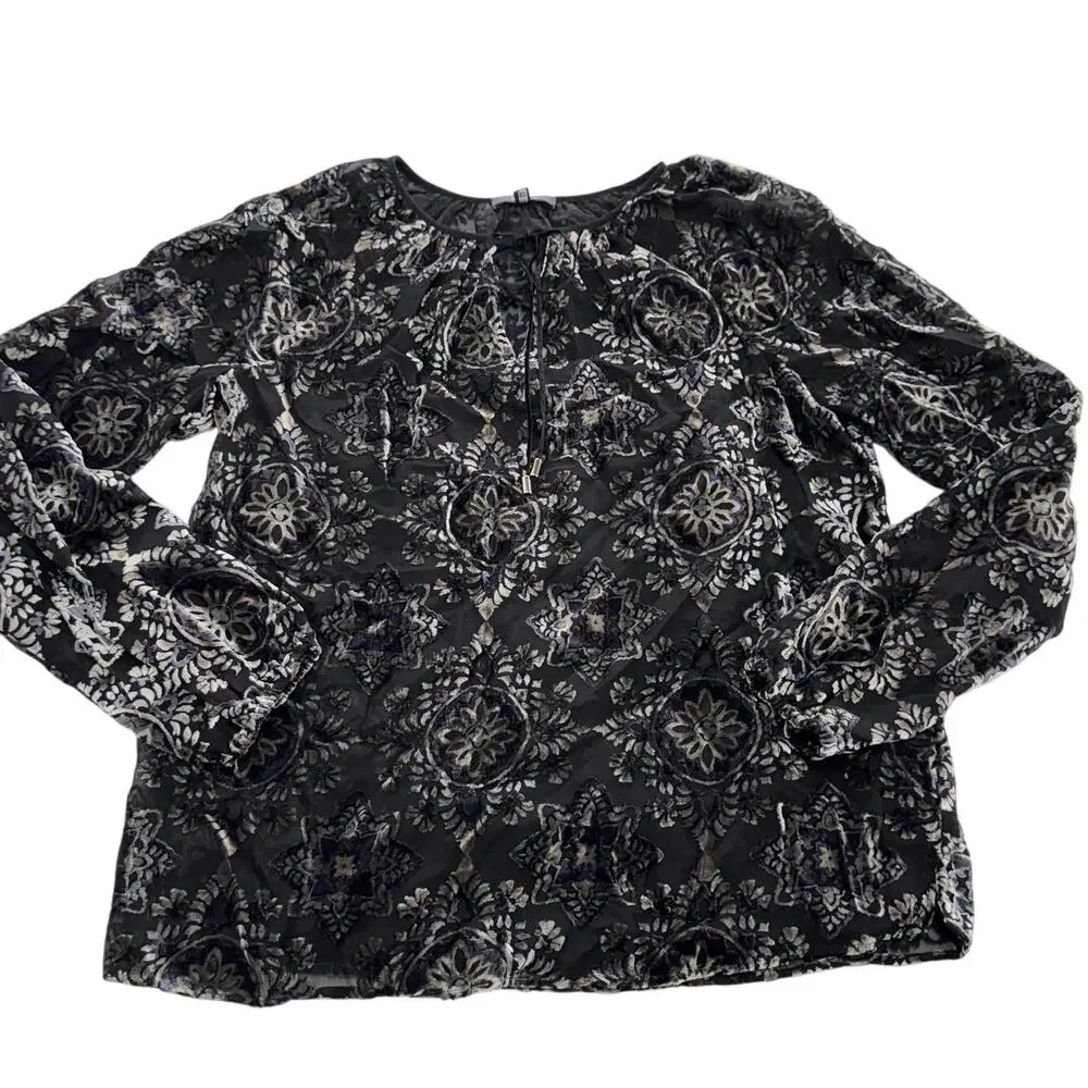 NYDJ Blouse Women XS Black Velvet Burnout Medallion Boho Sheer Long Sleeve